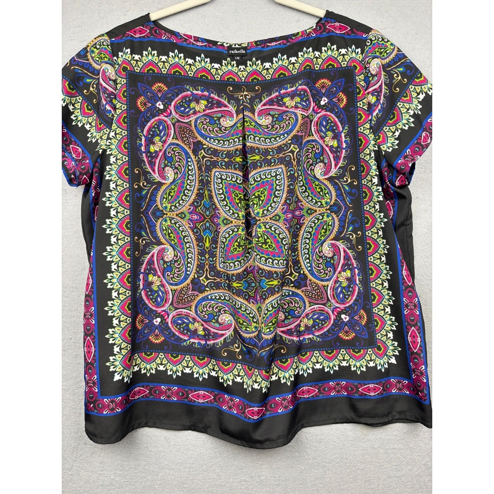 Rafaella Blouse Womens L Paisley Scarf Print Scoop Neck Short Sleeve